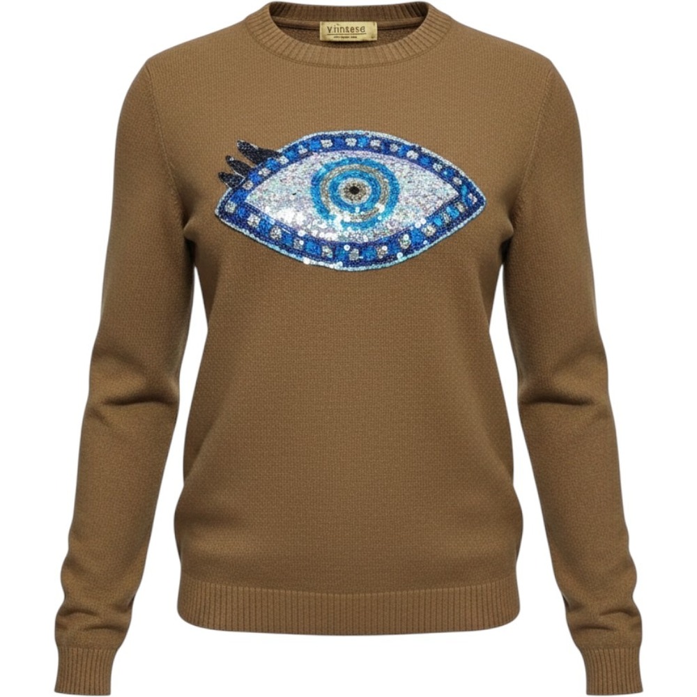 Vinizbena Women's Brown Knit Sweater XL sequin blue white silver evil eye patch
